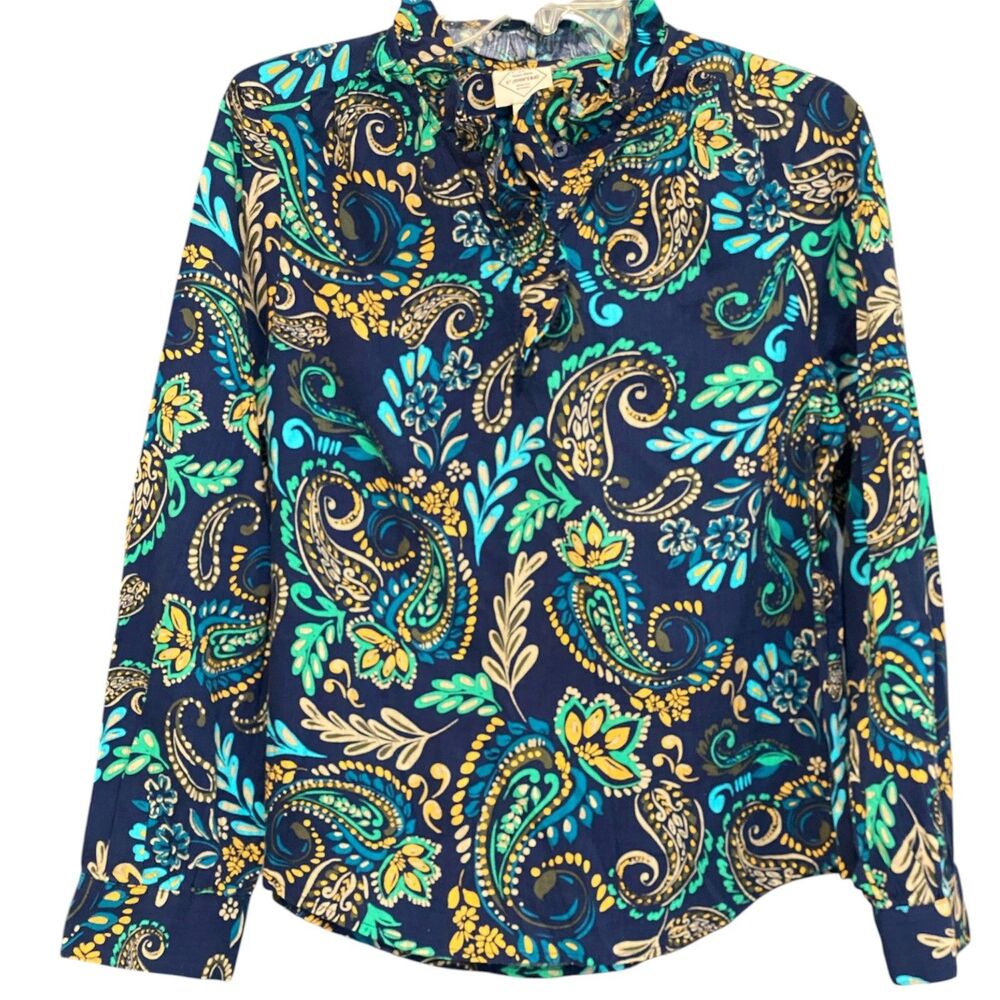 St. John's Bay Blouse Womens Petite Medium Blue Paisley Balloon Sleeve  Ruffle